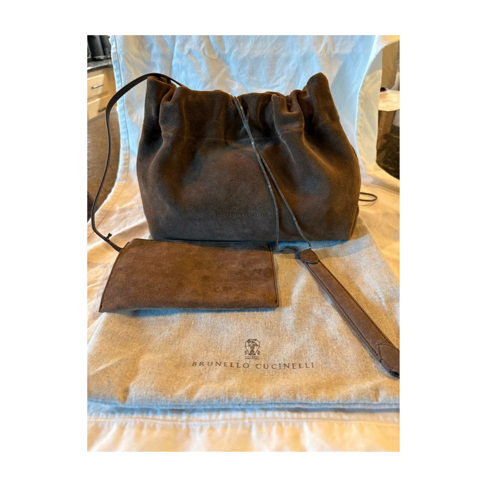 Brunello Cucinelli Brown Suede Messenger Bucket Bag with Pouch